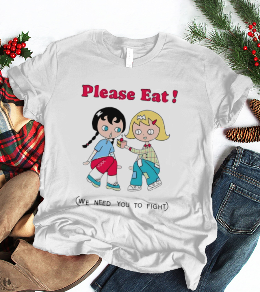 Please Eat We Need You To Fight Vintage Anime Style Cartoon Characters Sharing Food T-Shirt