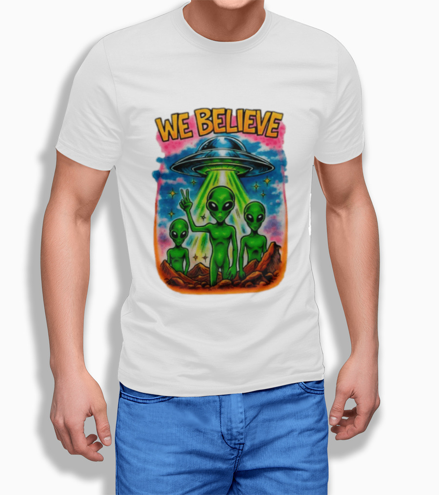 We Believe Aliens UFO Extraterrestrial Peaceful Green Aliens Stars Cosmic Scene T-Shirt