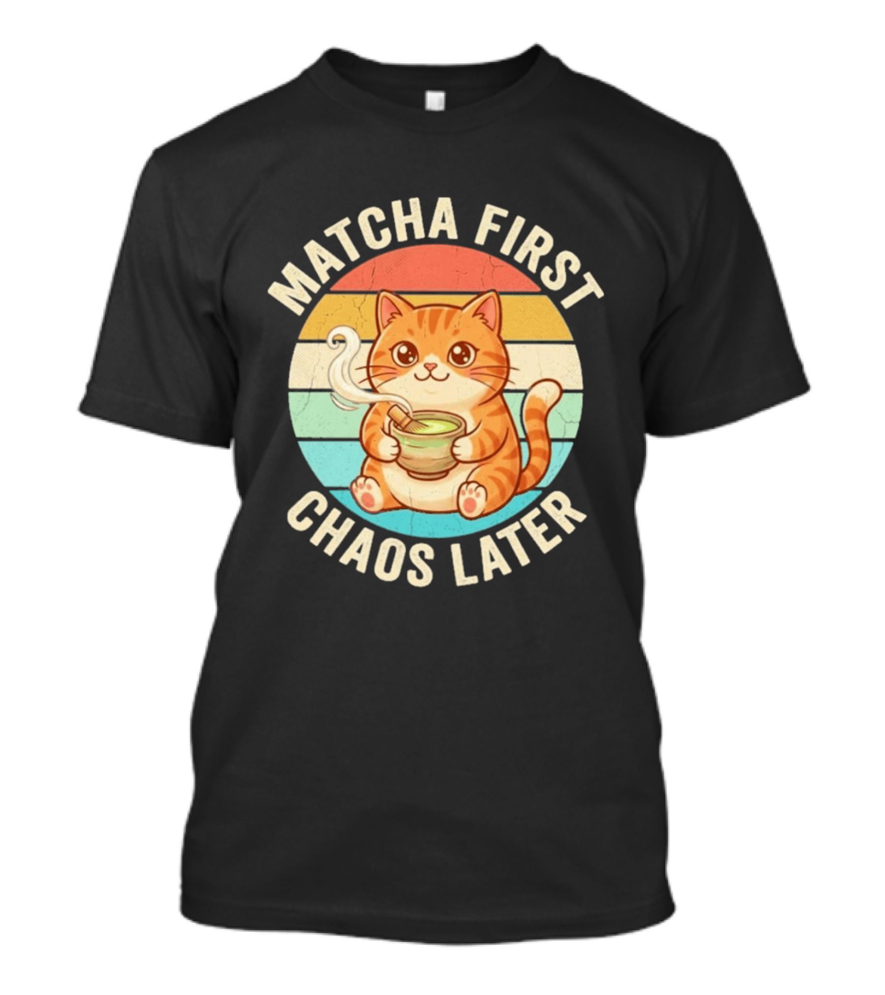 Matcha First Chaos Later Cat Retro Stripes Tea T-Shirt