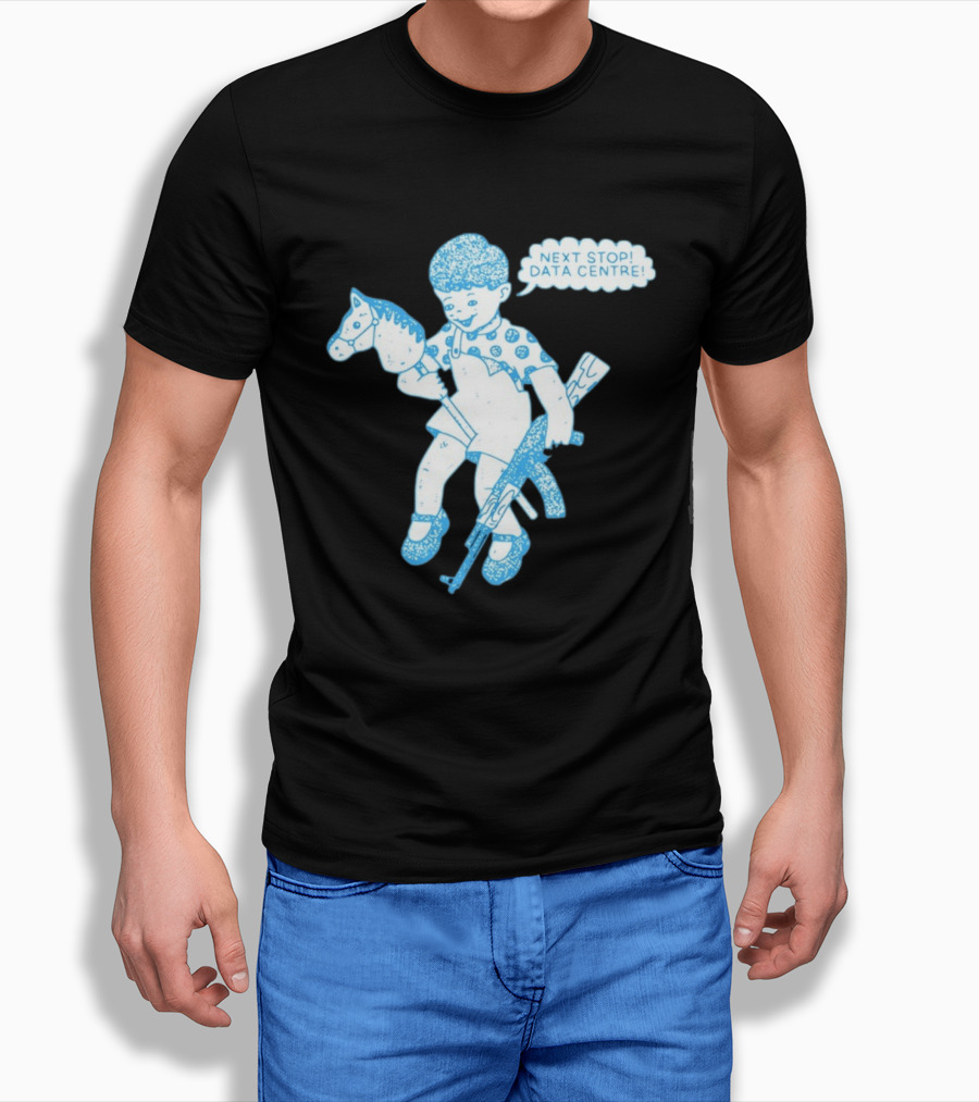 Next Stop Data Centre Kid With Hobby Horse And Toy Rifle Tech Humor T-Shirt