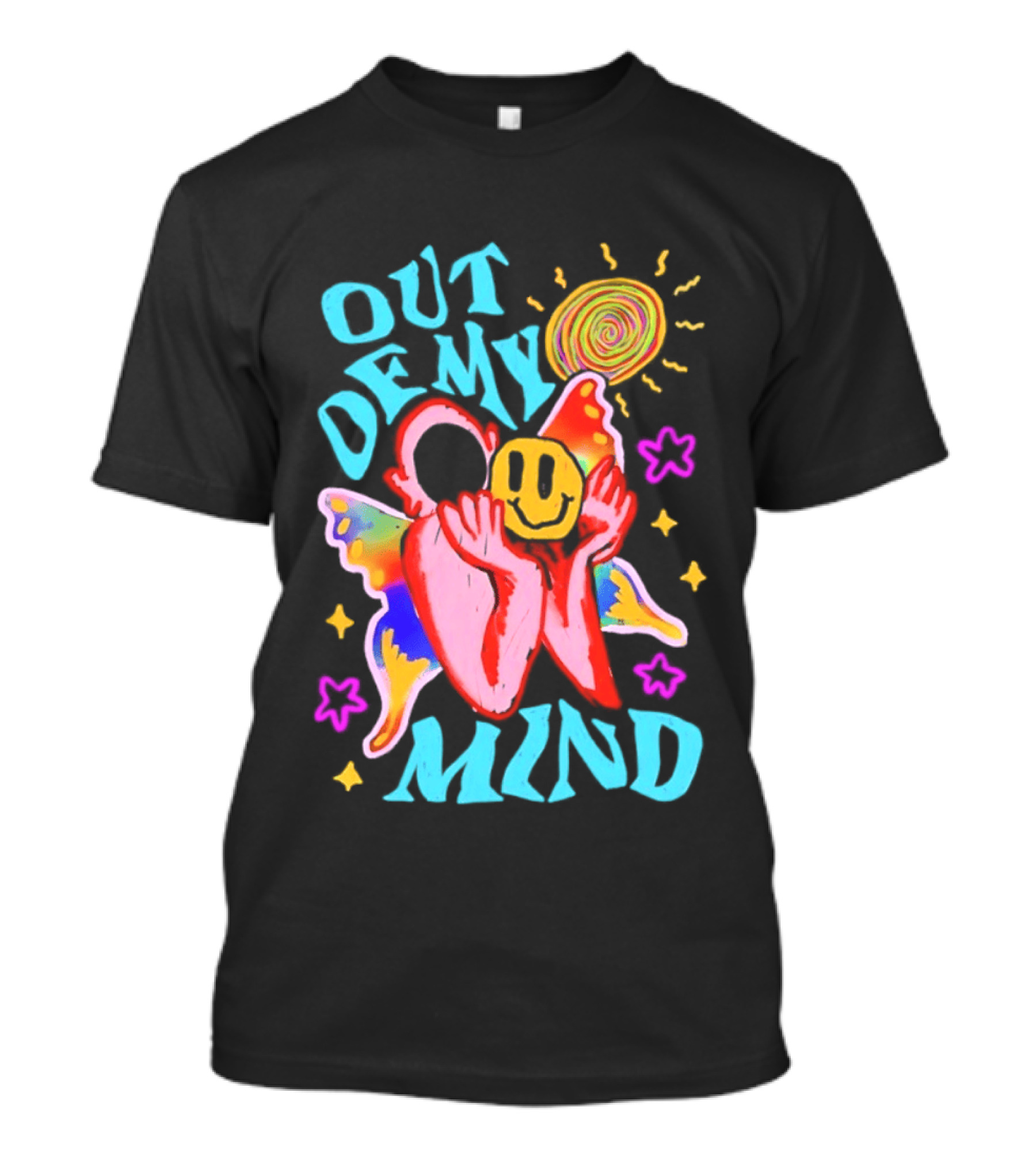 Out Of My Mind Smiley Face Butterfly Psychedelic Sunburst Fantasy Flowers T-Shirt