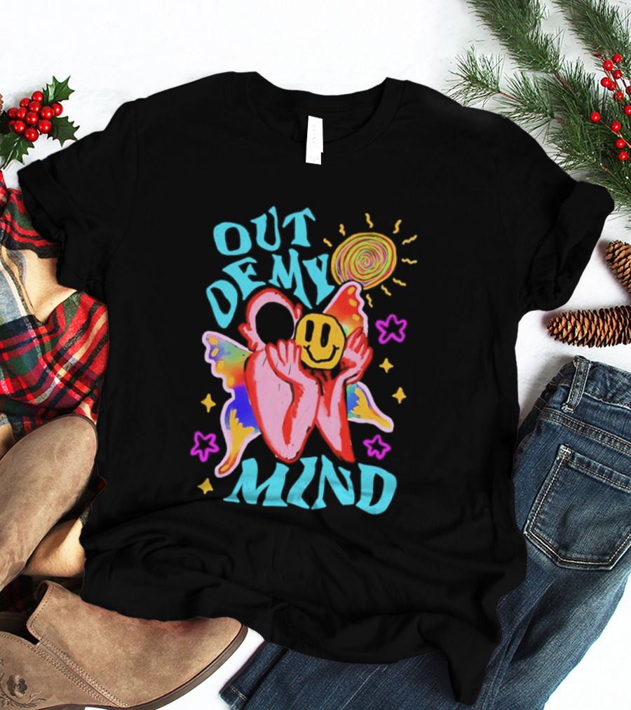 Out Of My Mind Smiley Face Butterfly Psychedelic Sunburst Fantasy Flowers T-Shirt