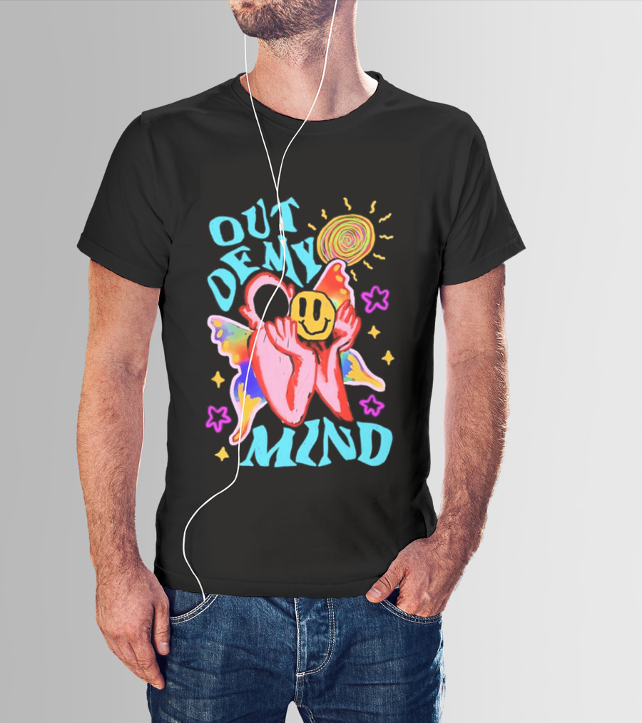 Out Of My Mind Smiley Face Butterfly Psychedelic Sunburst Fantasy Flowers T-Shirt