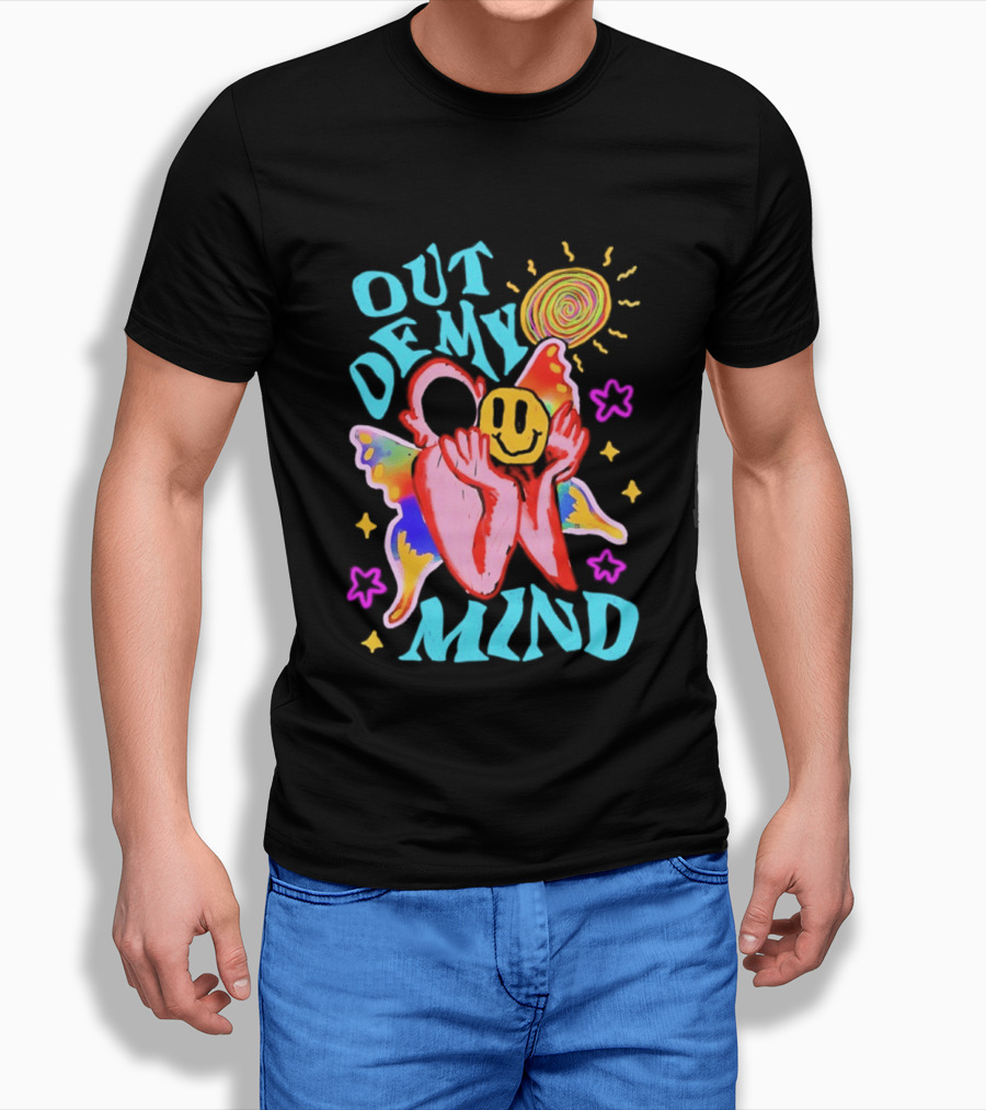Out Of My Mind Smiley Face Butterfly Psychedelic Sunburst Fantasy Flowers T-Shirt