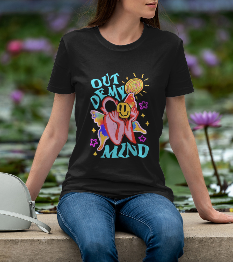 Out Of My Mind Smiley Face Butterfly Psychedelic Sunburst Fantasy Flowers T-Shirt