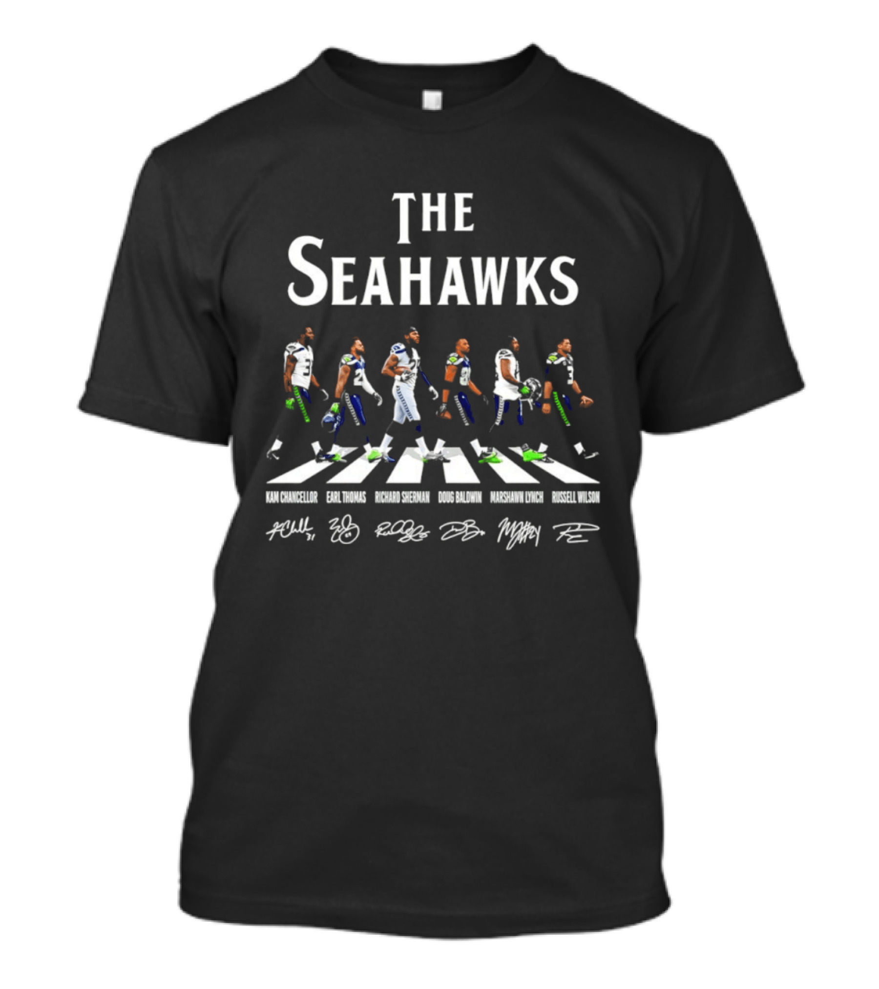 The Seahawks Kam Chancellor Earl Thomas Richard Sherman Doug Baldwin Marshawn Lynch Russell Wilson Abbey Road Signatures T-Shirt
