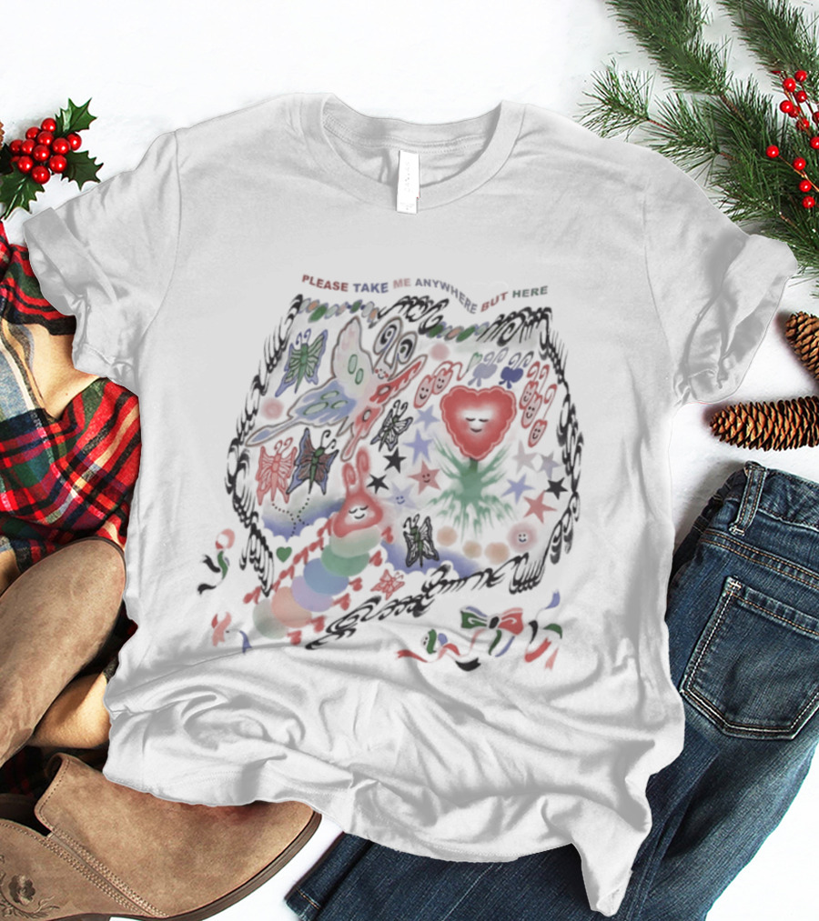 Please Take Me Anywhere But Here Colorful Butterflies And Heart T-Shirt