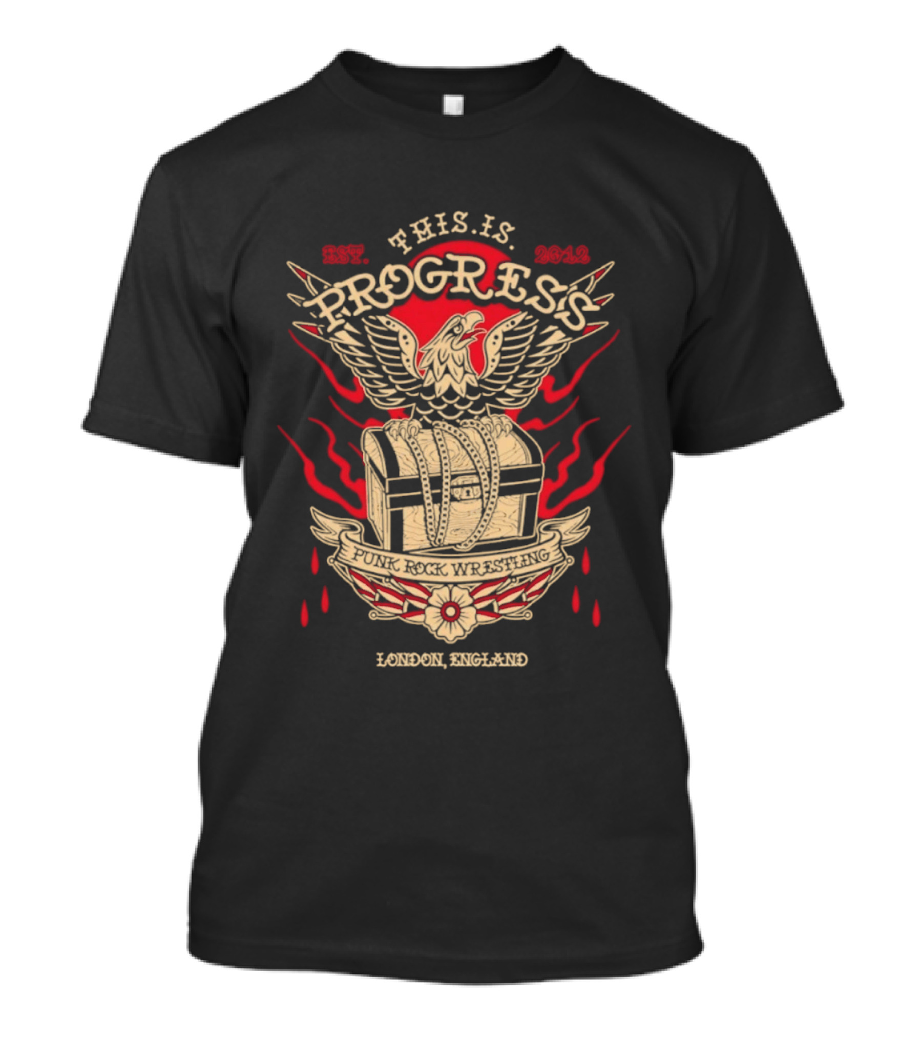 This Is Progress Punk Rock Wrestling London England Est. 2012 Eagle Chest Flames T-Shirt