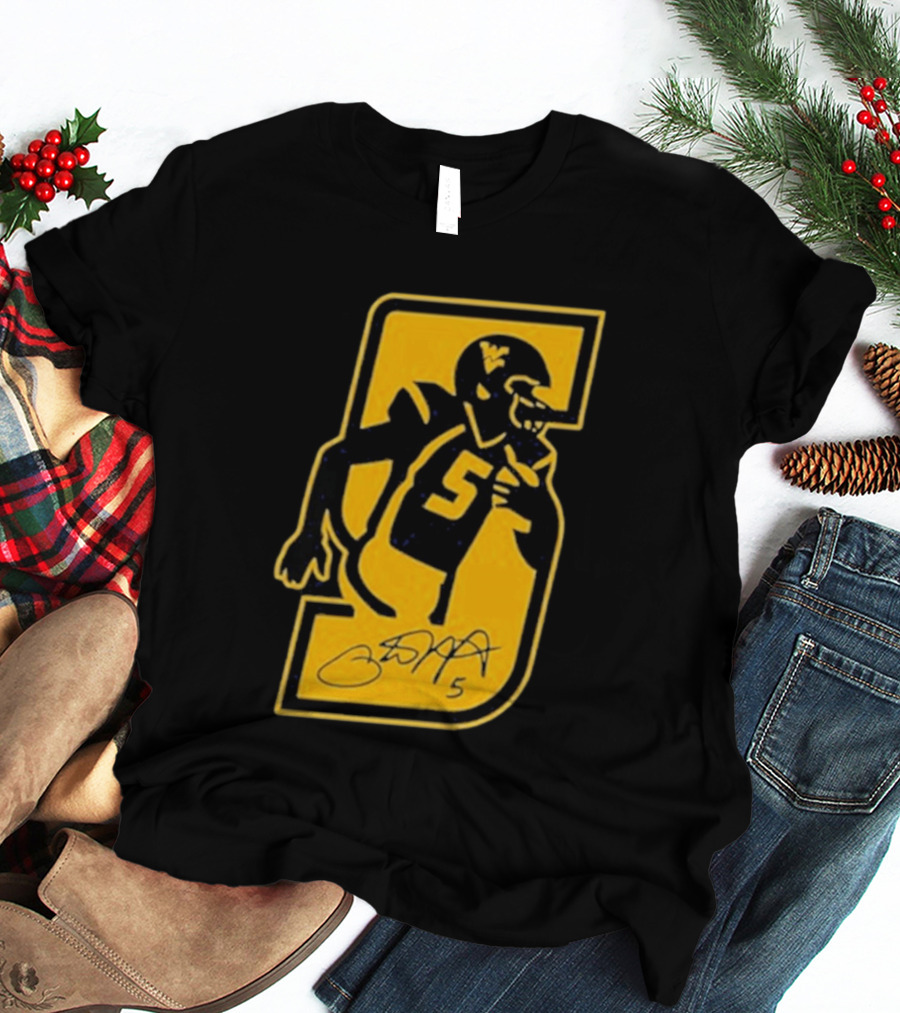 West Virginia Mountaineers Number 5 Retirement Football Icon With Signature T-Shirt