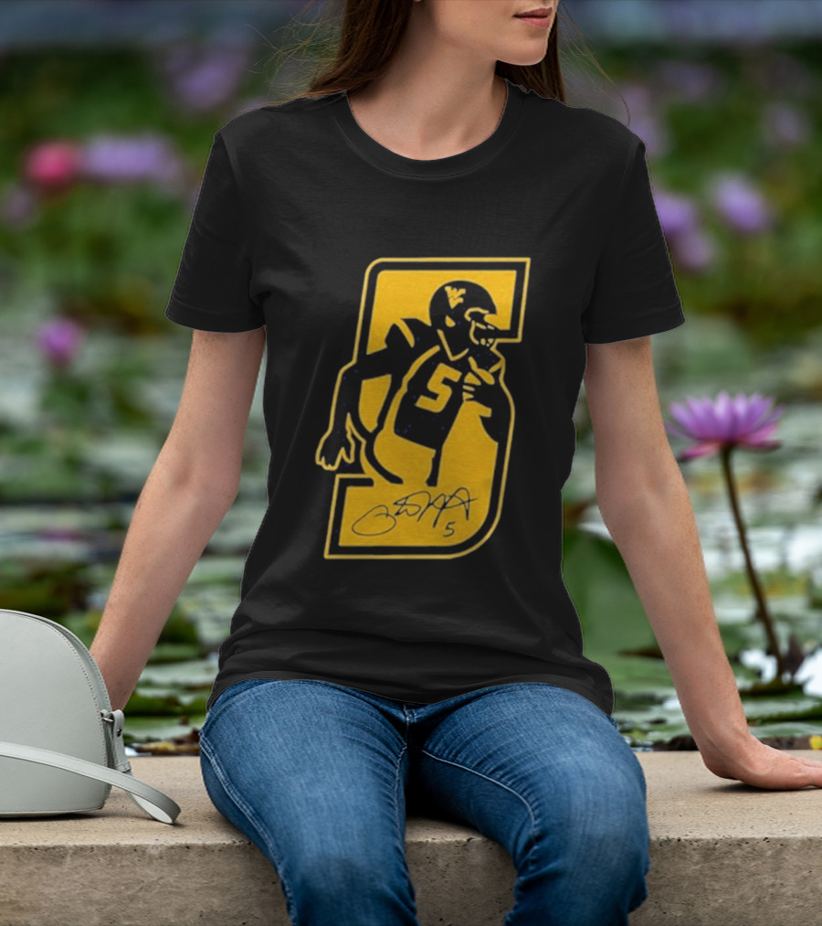West Virginia Mountaineers Number 5 Retirement Football Icon With Signature T-Shirt