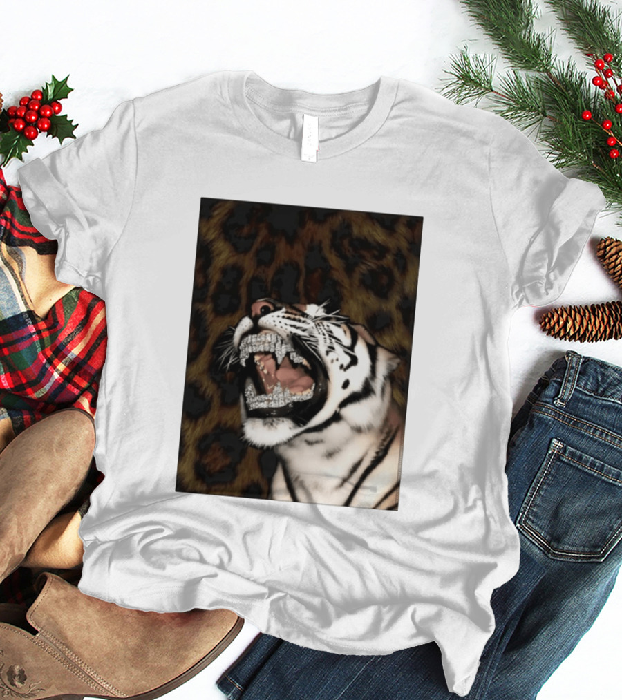 Tiger Diamond Grillz Iced Out Animal Roaring With Leopard Print T-Shirt