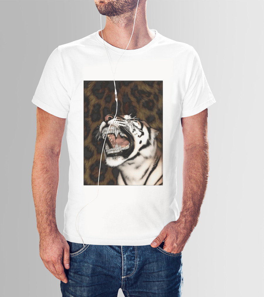 Tiger Diamond Grillz Iced Out Animal Roaring With Leopard Print T-Shirt