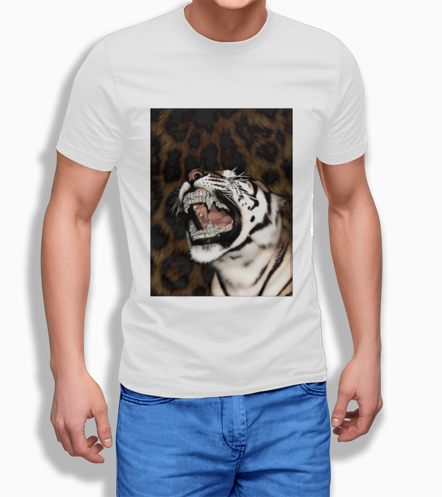 Tiger Diamond Grillz Iced Out Animal Roaring With Leopard Print T-Shirt