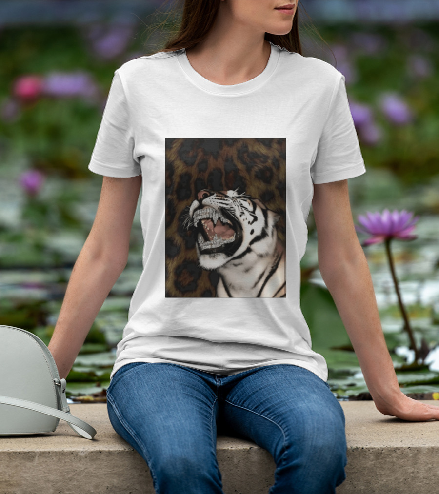 Tiger Diamond Grillz Iced Out Animal Roaring With Leopard Print T-Shirt