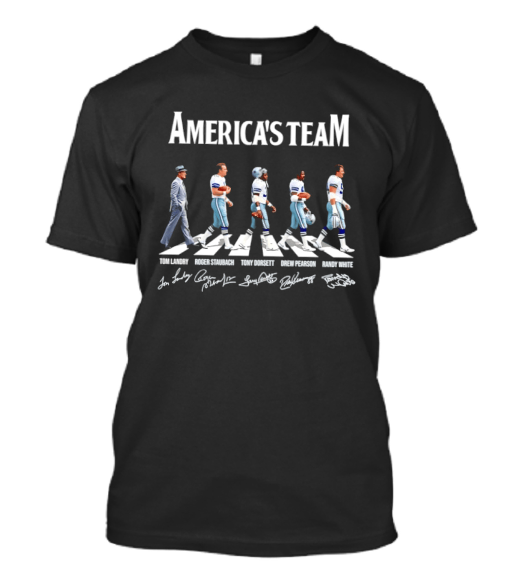 America's Team Tom Landry Roger Staubach Tony Dorsett Drew Pearson Randy White Dallas Cowboys Signatures Abbey Road T-Shirt