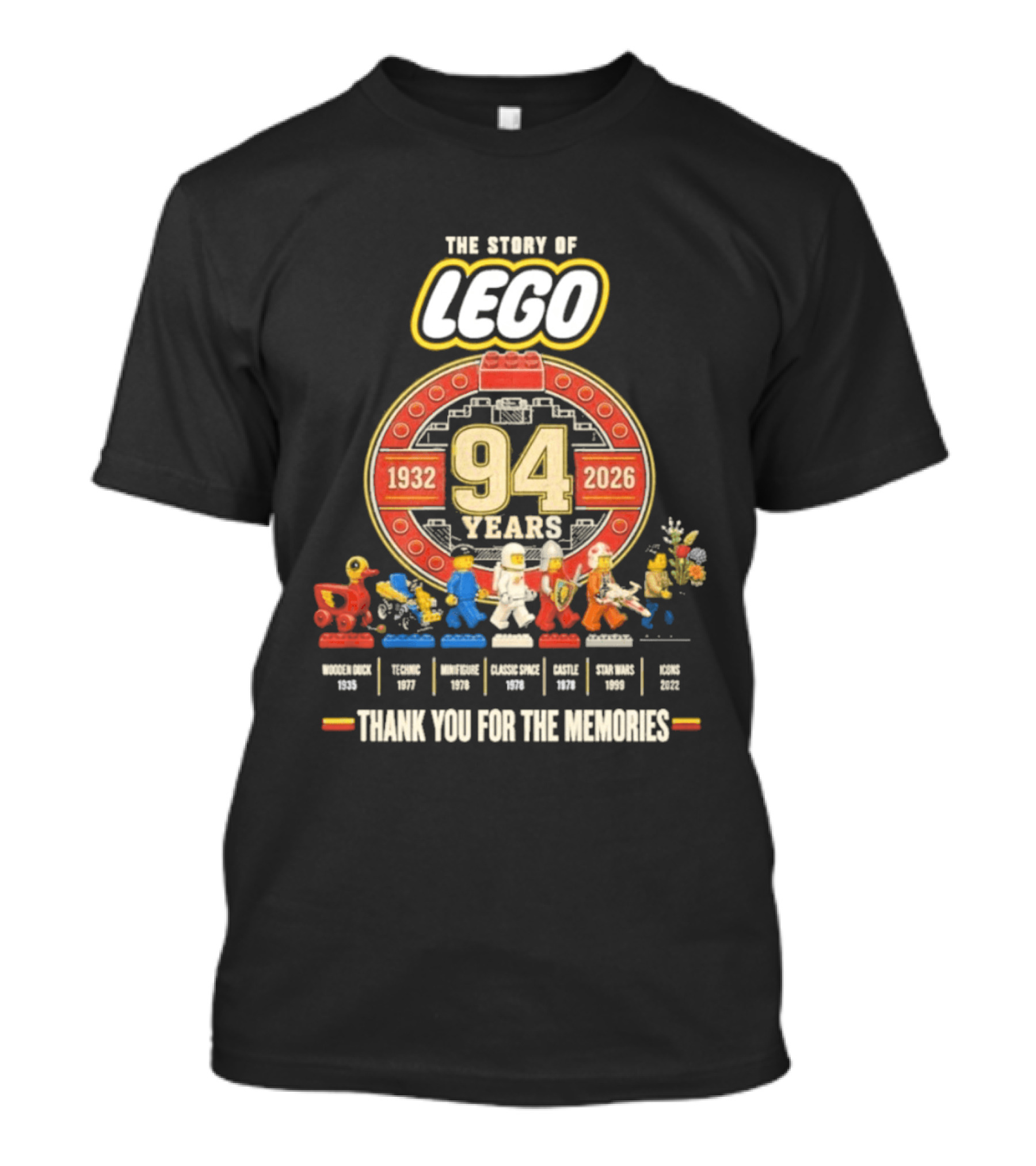 The Story Of Lego 1932 2026 94 Years Thank You For The Memories History Timeline T-Shirt