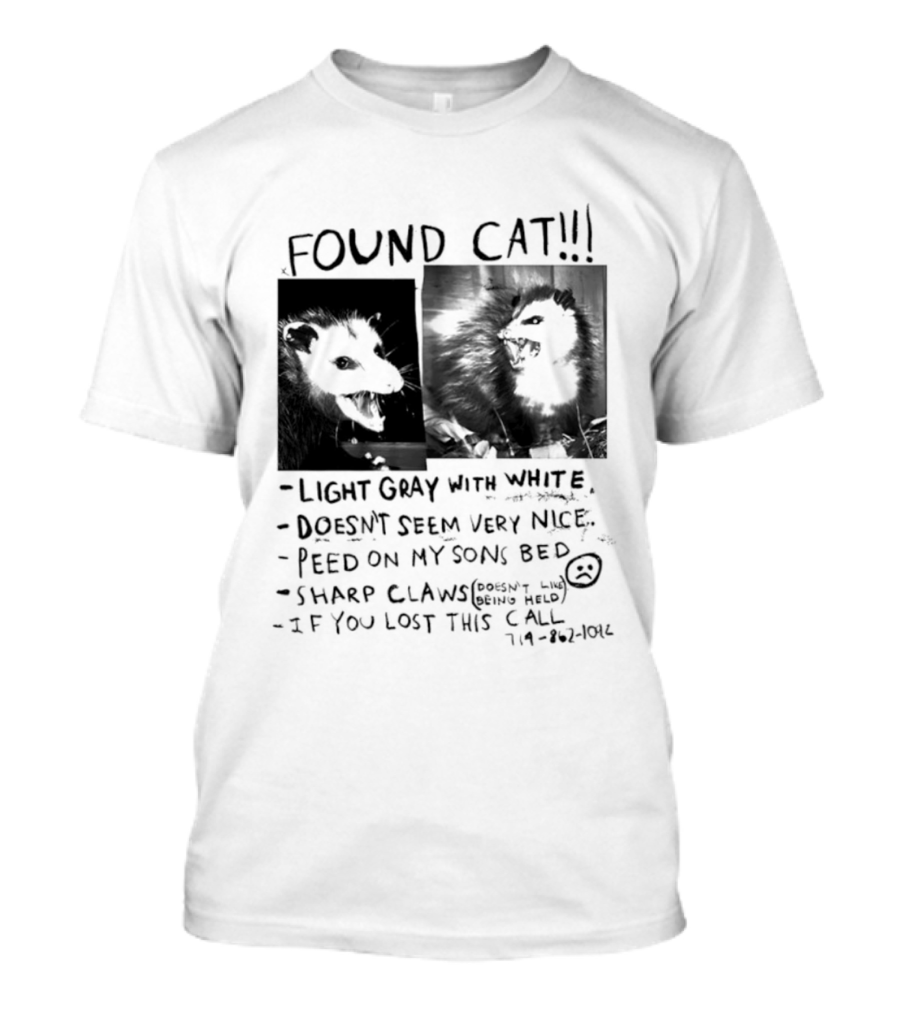 Found Cat Light Gray White Sharp Claws Sleeps Bed Doesn't Seem Very Nice T-Shirt