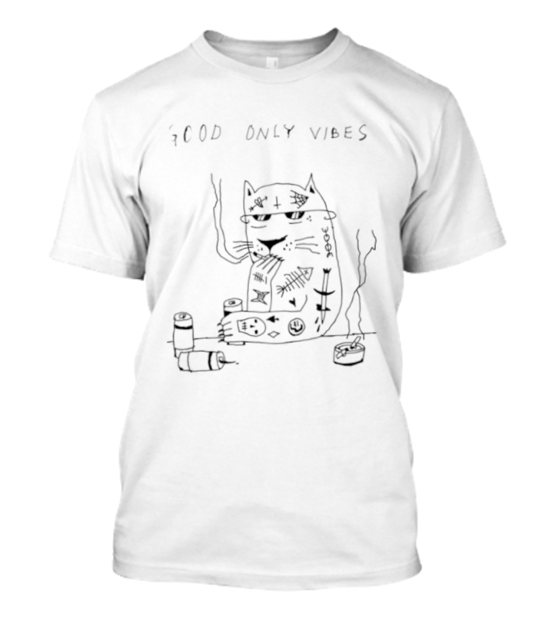 Good Only Vibes Smoking Cat Drawing With Chill Feline And Relaxed T-Shirt