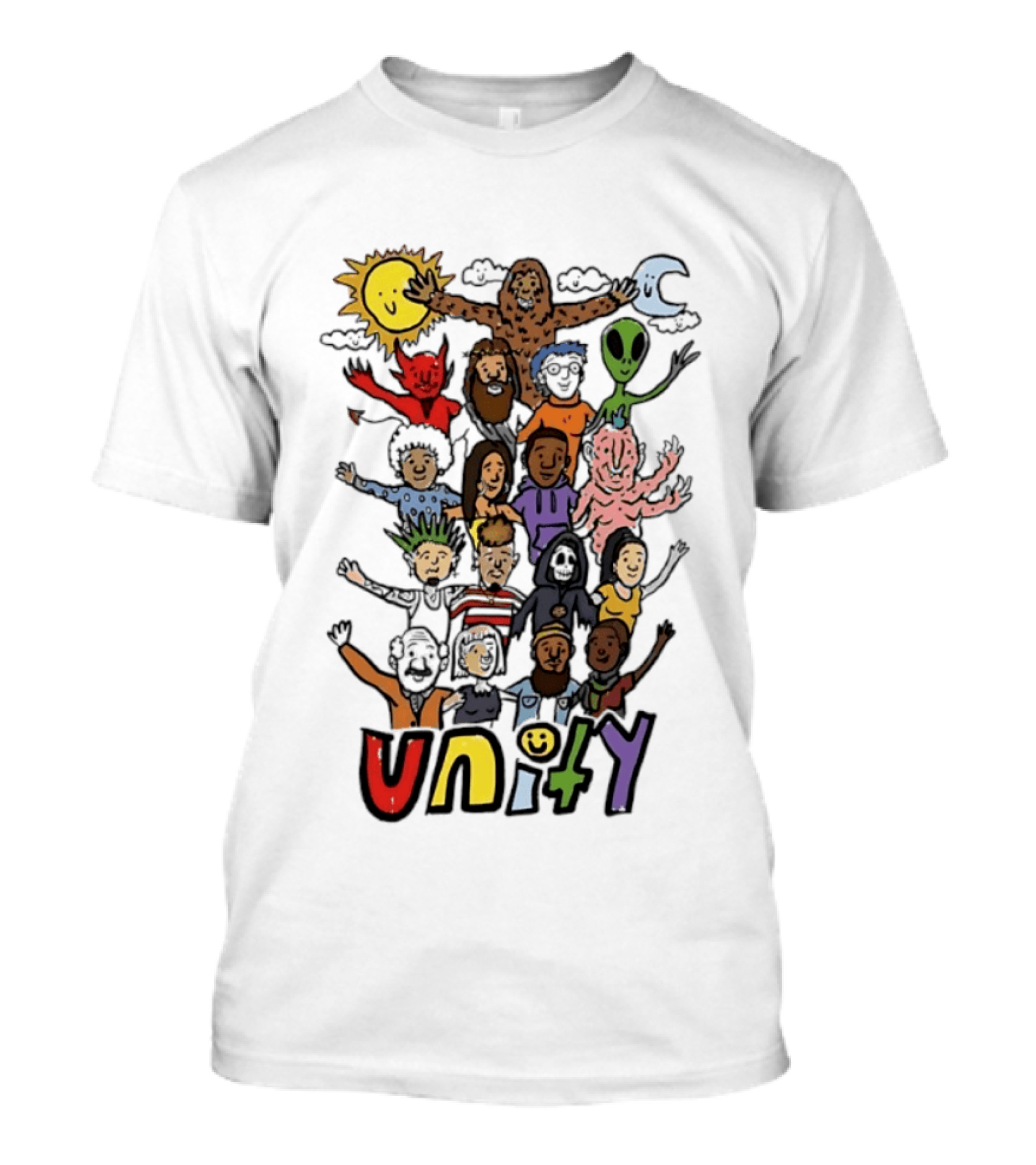 Unity Cartoon Characters Doodle Diverse Characters Aliens Bigfoot Devil Sun Moon T-Shirt