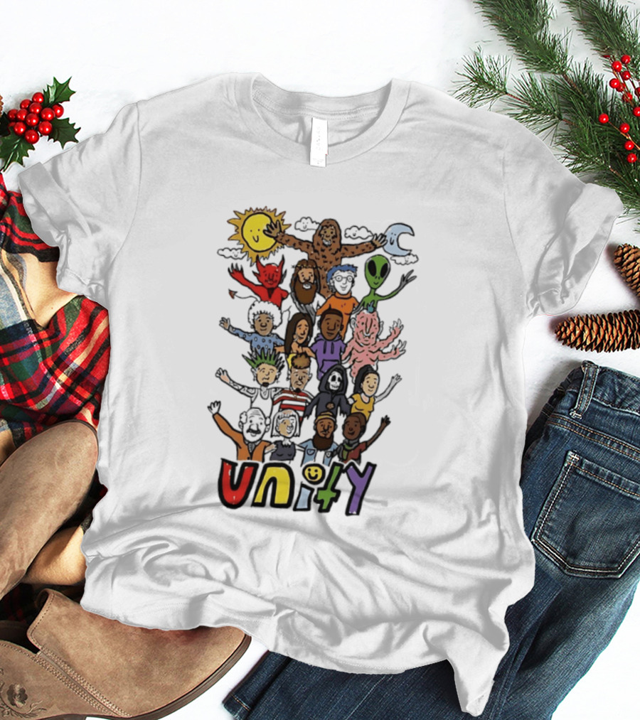 Unity Cartoon Characters Doodle Diverse Characters Aliens Bigfoot Devil Sun Moon T-Shirt