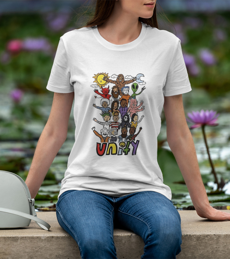 Unity Cartoon Characters Doodle Diverse Characters Aliens Bigfoot Devil Sun Moon T-Shirt