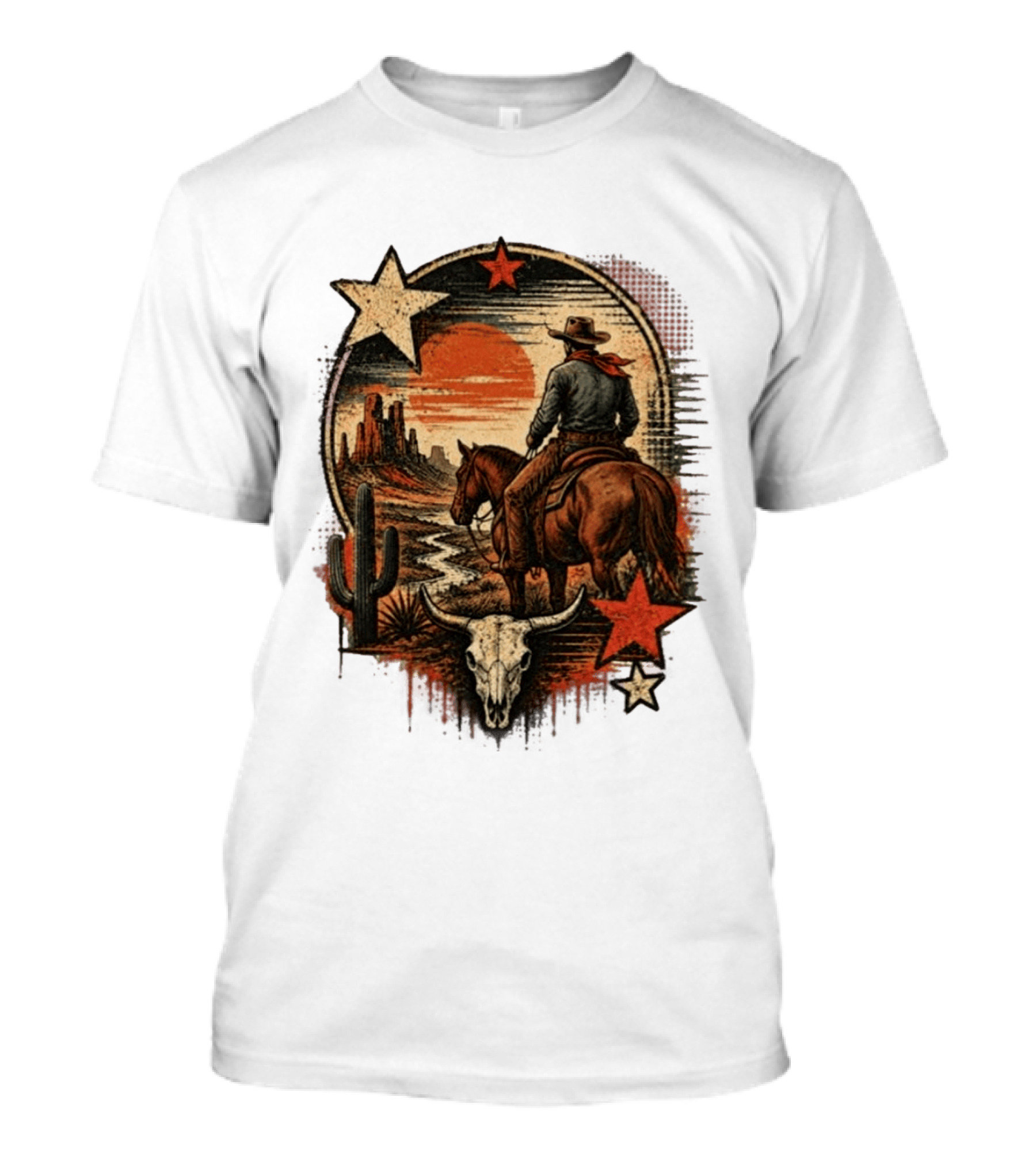 Cowboy On Horseback Under Desert Sunset With Cactus And Skull T-Shirt