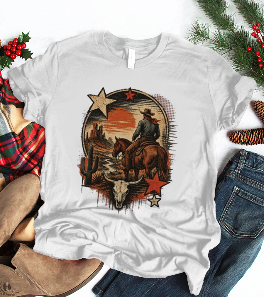 Cowboy On Horseback Under Desert Sunset With Cactus And Skull T-Shirt