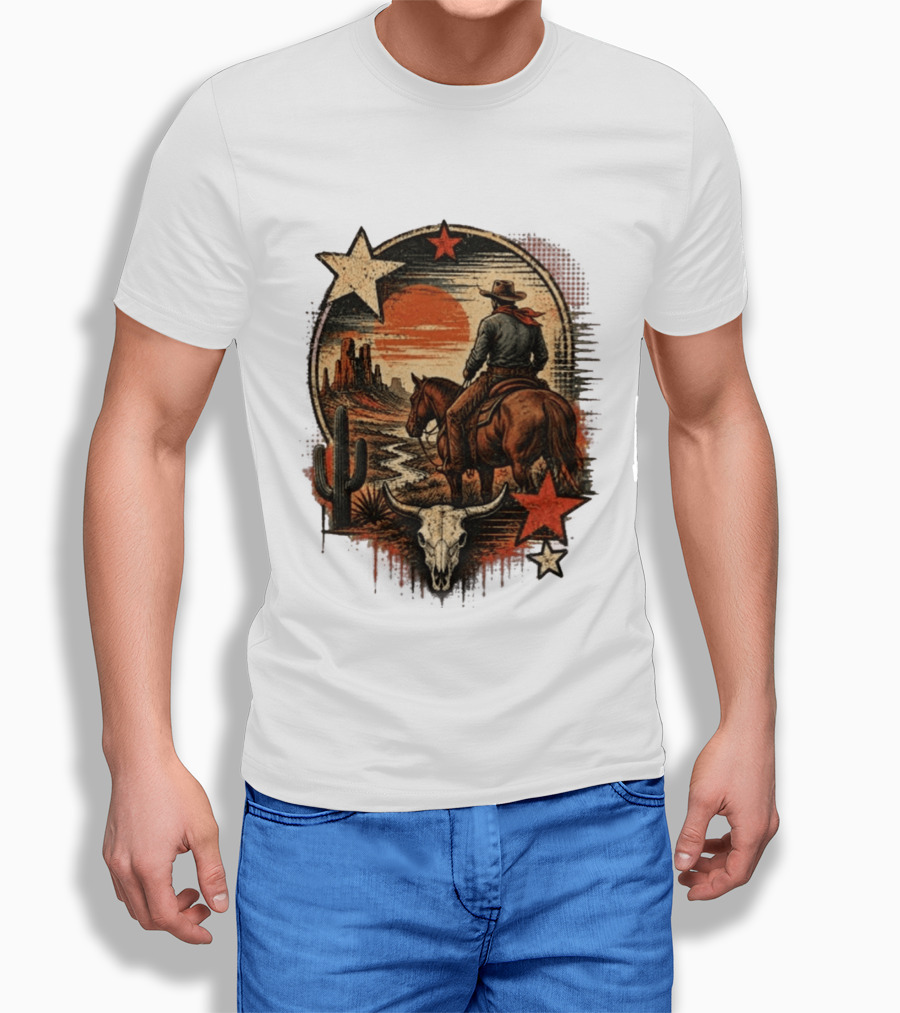 Cowboy On Horseback Under Desert Sunset With Cactus And Skull T-Shirt