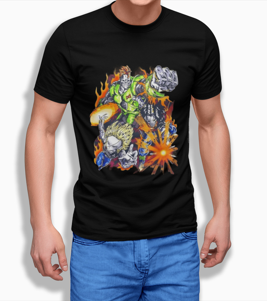 Dragon Ball Z Vintage Style Android 16 17 18 Fiery Action Scene Bootleg T-Shirt