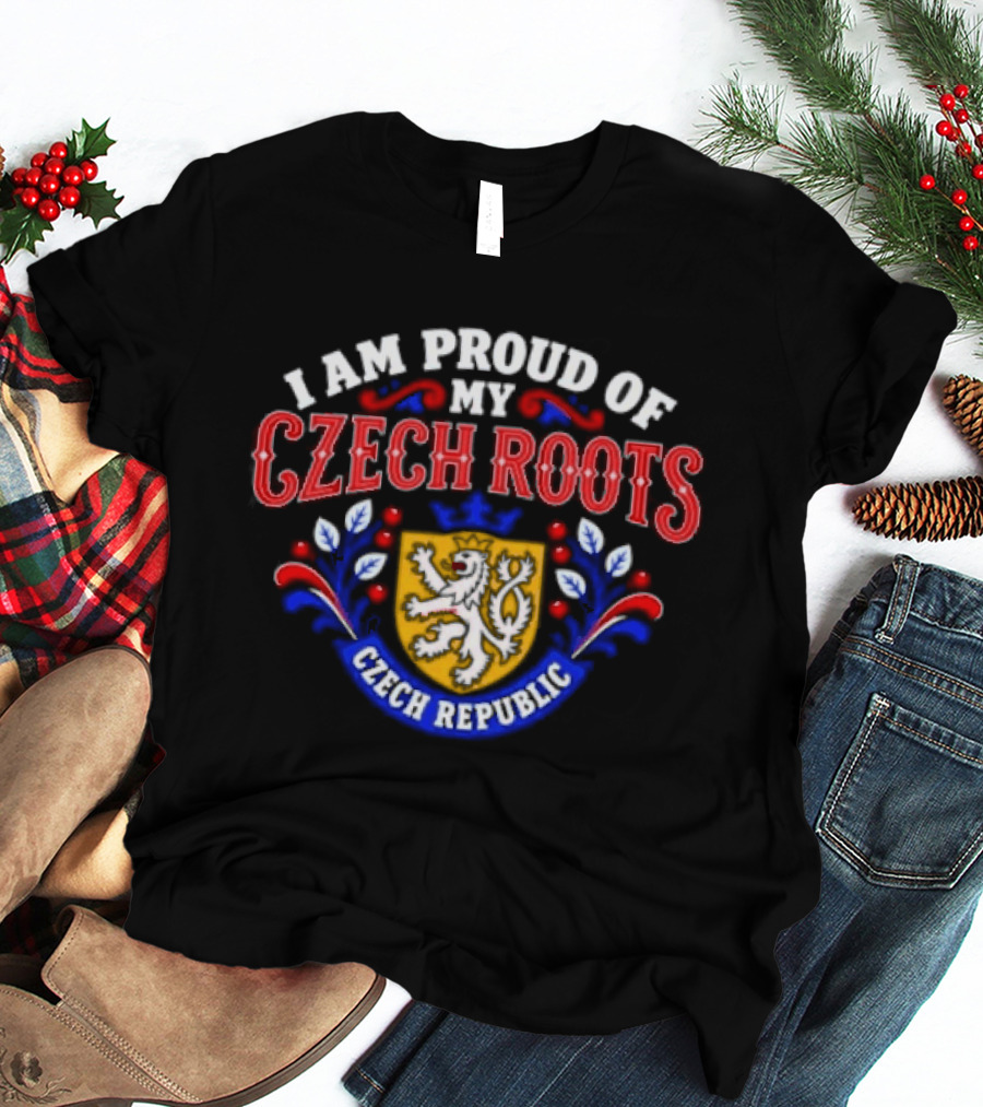 I Am Proud Of My Czech Roots Czech Republic Crest With Lion And Floral Motif T-Shirt