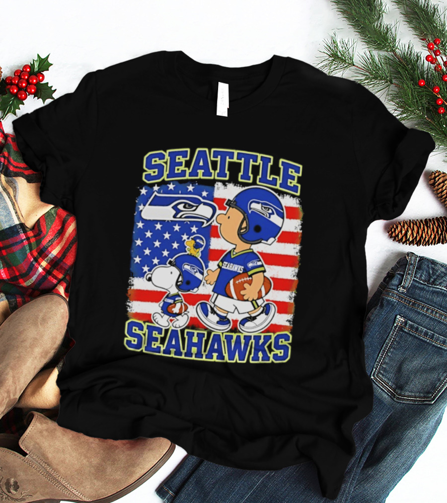 Snoopy Charlie Brown Seattle Seahawks American Flag Football T-Shirt