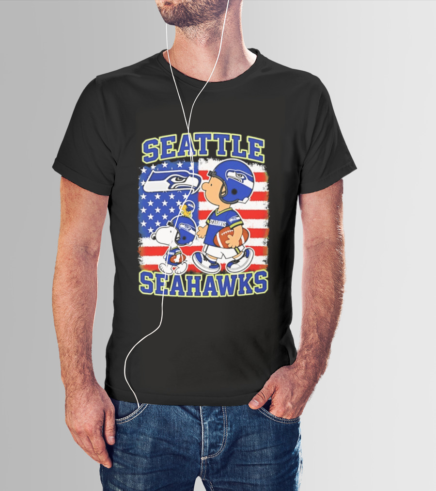 Snoopy Charlie Brown Seattle Seahawks American Flag Football T-Shirt