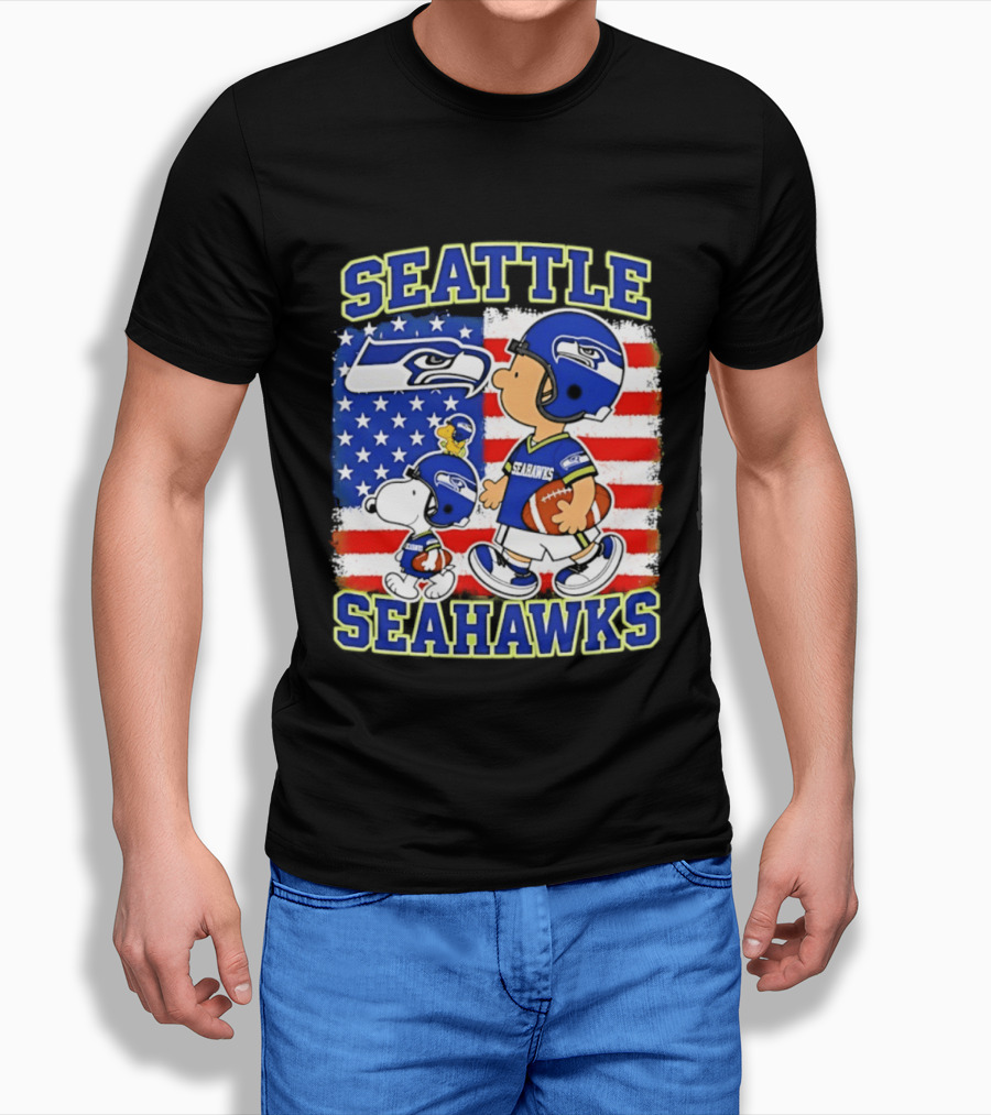 Snoopy Charlie Brown Seattle Seahawks American Flag Football T-Shirt