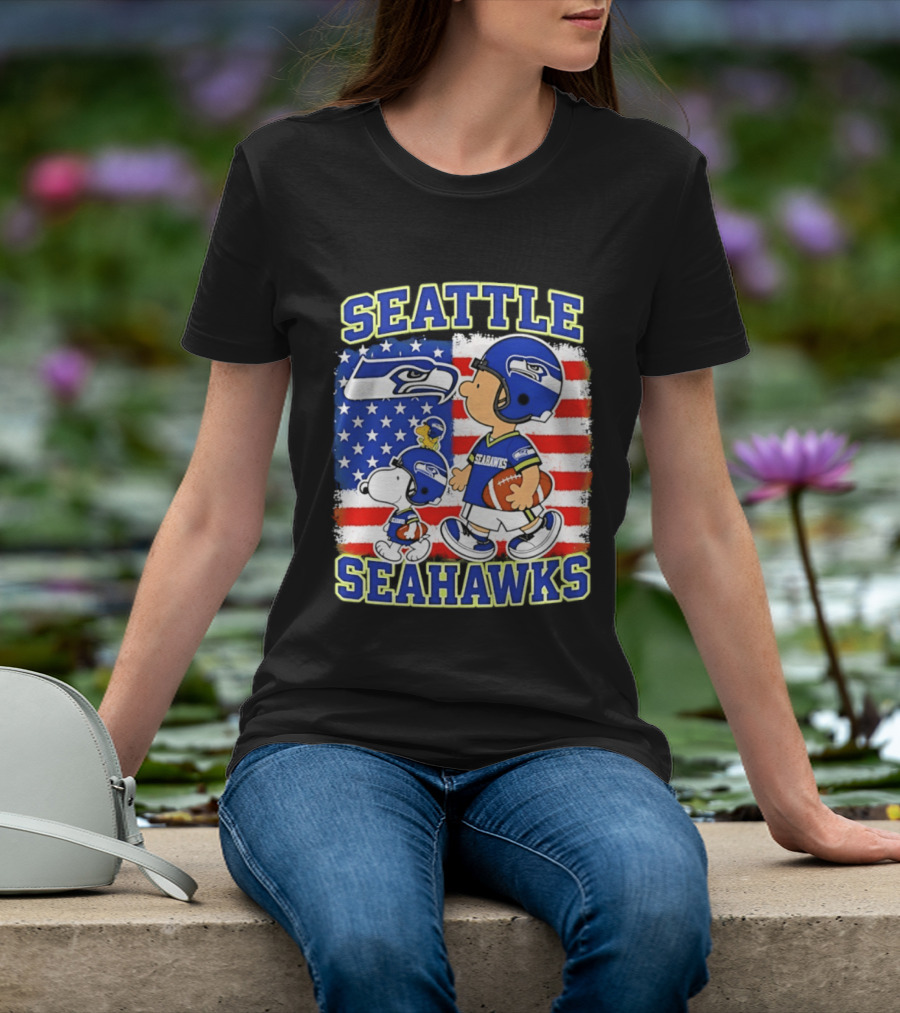 Snoopy Charlie Brown Seattle Seahawks American Flag Football T-Shirt