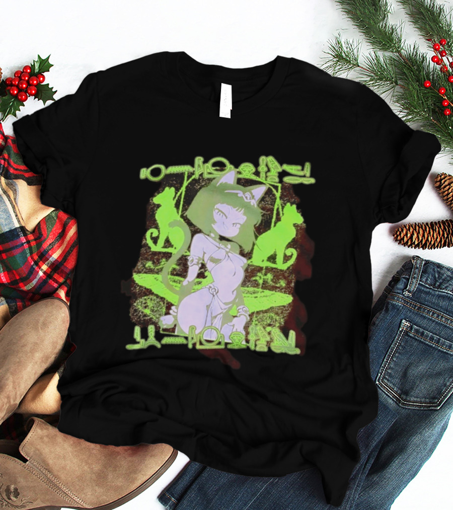 Anime Cat Girl Egyptian Hieroglyphics Neon Green Aesthetic T-Shirt