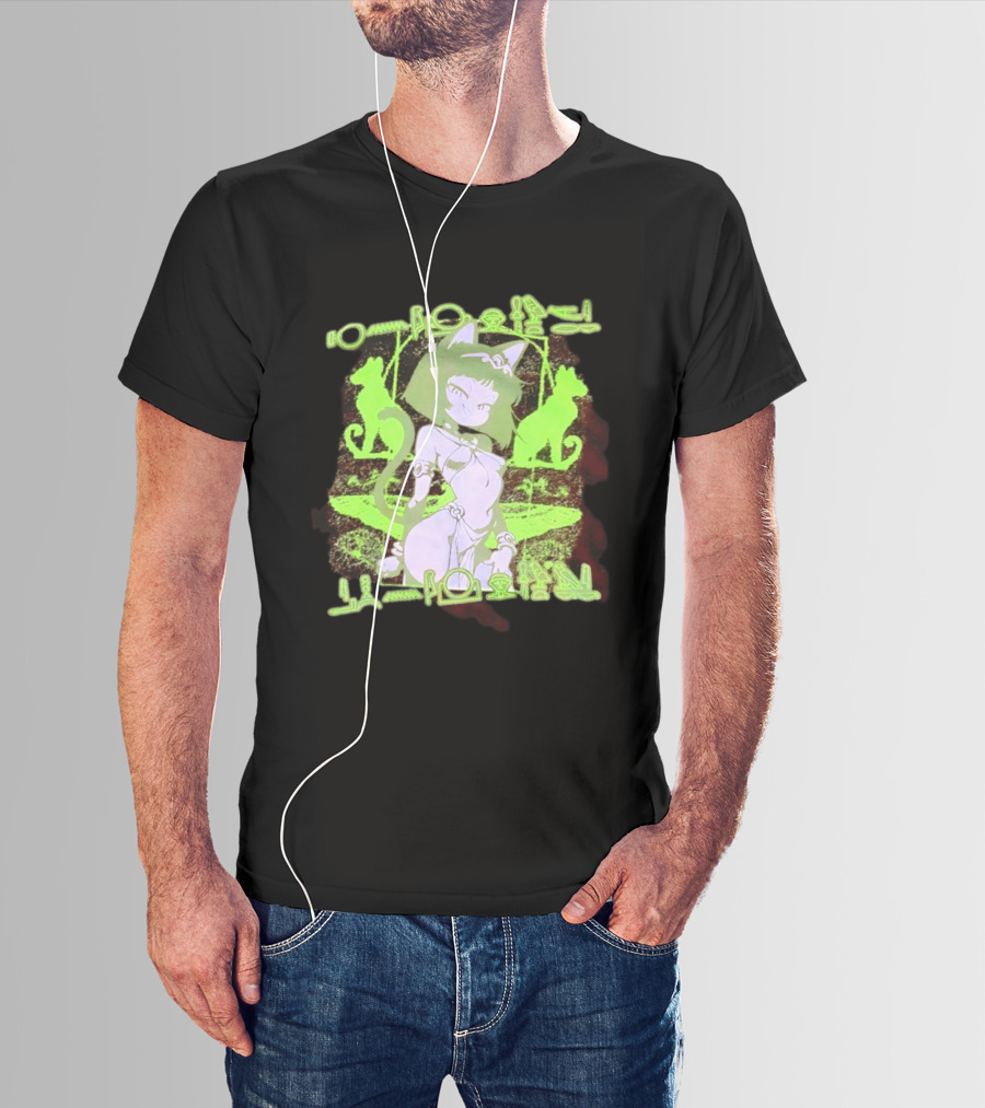 Anime Cat Girl Egyptian Hieroglyphics Neon Green Aesthetic T-Shirt