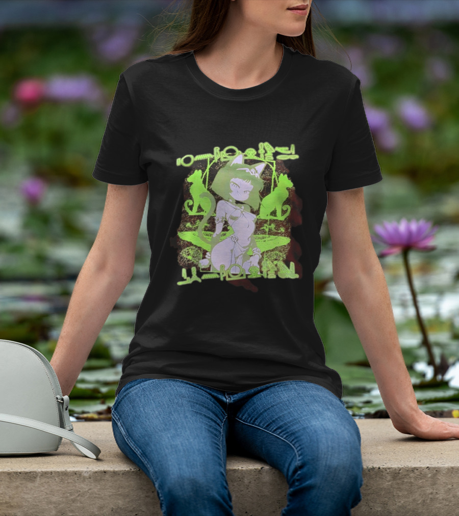 Anime Cat Girl Egyptian Hieroglyphics Neon Green Aesthetic T-Shirt