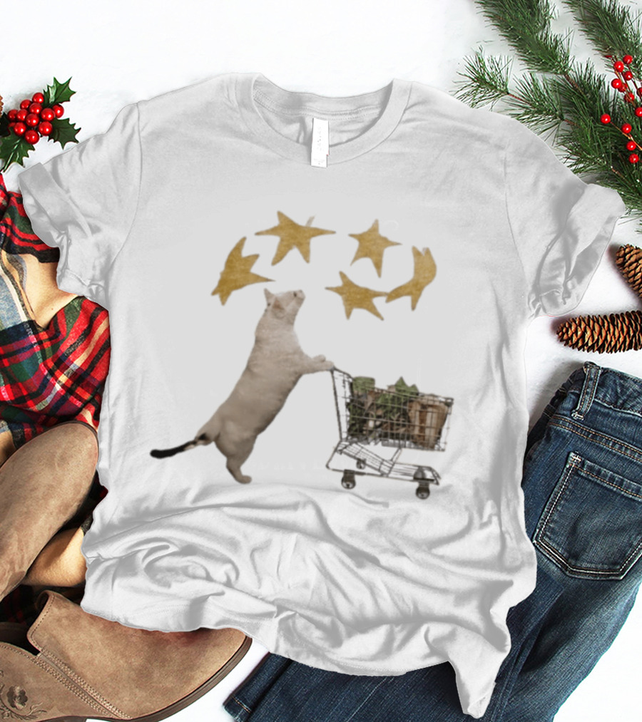 Cat Pushes Shopping Cart With Golden Stars Above T-Shirt