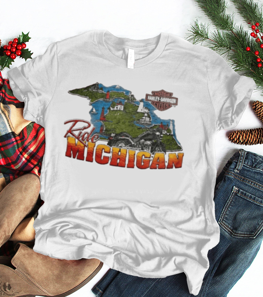 Ride Michigan Harley Davidson Motor Cycles Island Map And Lighthouse T-Shirt