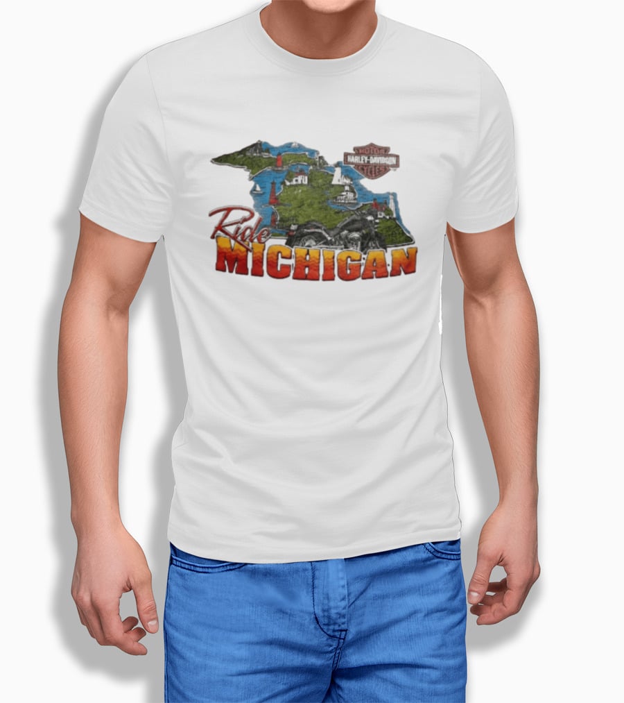 Ride Michigan Harley Davidson Motor Cycles Island Map And Lighthouse T-Shirt