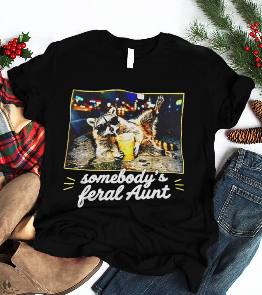 Somebody's Feral Aunt Raccoon Iced Coffee Street Scene T-Shirt