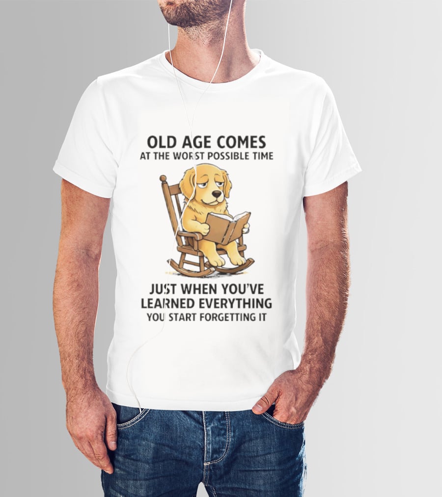 Golden Retriever Reading In Rocking Chair Old Age Humor T-Shirt