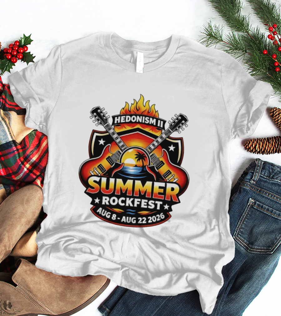 Hedonism II Summer Rockfest August 8 22 2026 Guitars Sunset Palms Fire T-Shirt