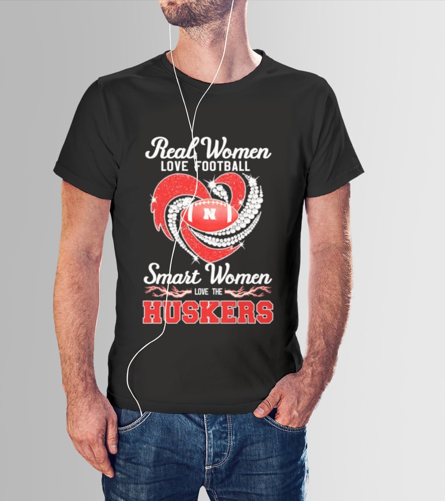 Real Women Love Football Smart Women Love The Nebraska Huskers Football Heart T-Shirt