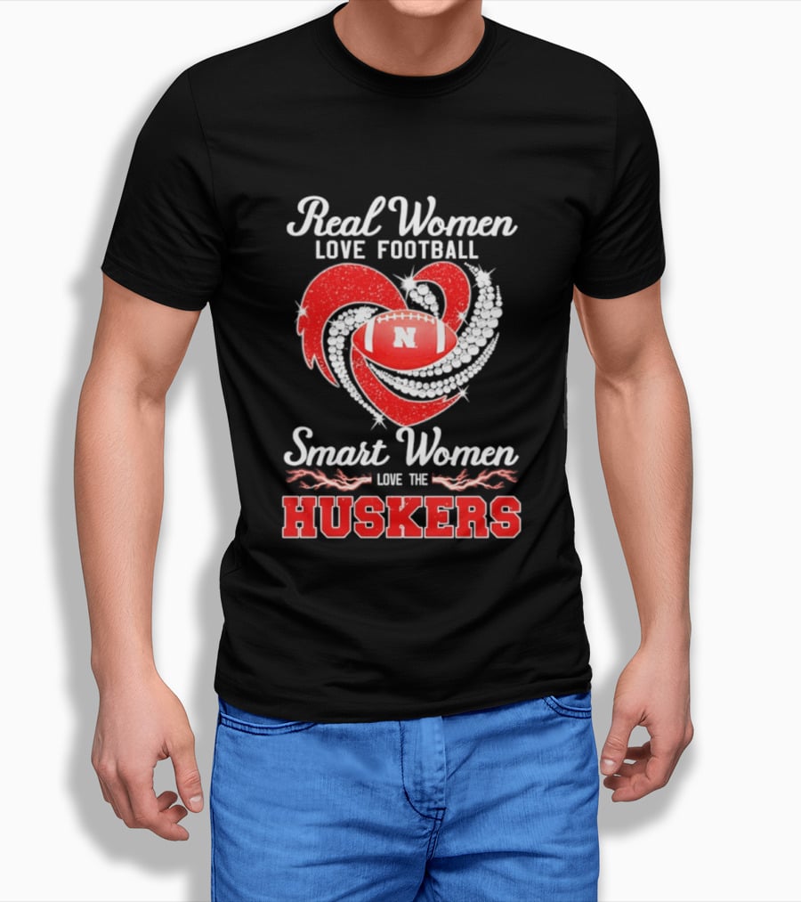 Real Women Love Football Smart Women Love The Nebraska Huskers Football Heart T-Shirt