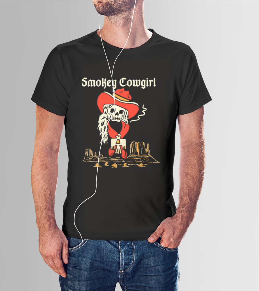 Smokey Cowgirl Western Skeleton Cowboy Desert Scene T-Shirt