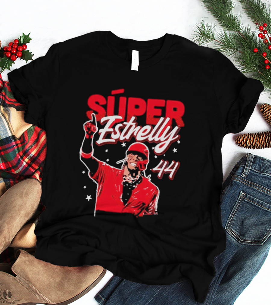 Súper Estrelly 44 Red Baseball Celebration Hero T-Shirt