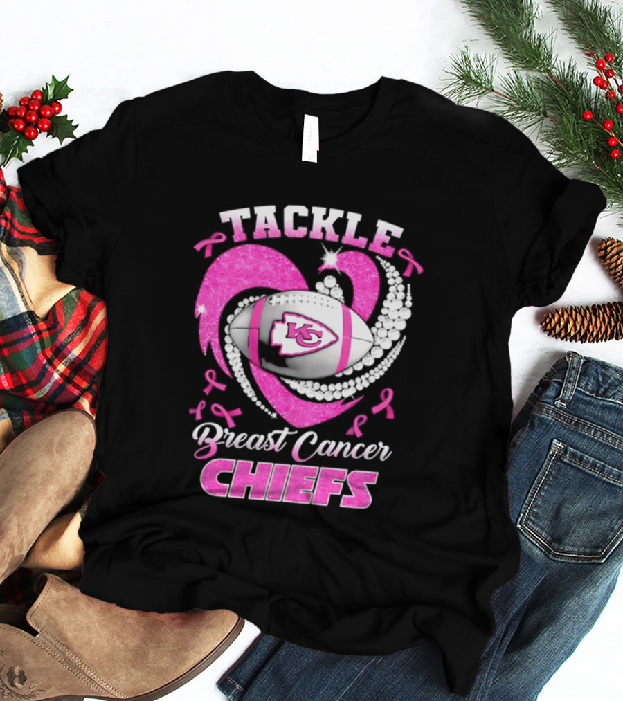 Tackle Breast Cancer Kansas City Chiefs Pink Ribbon Football Heart T-Shirt