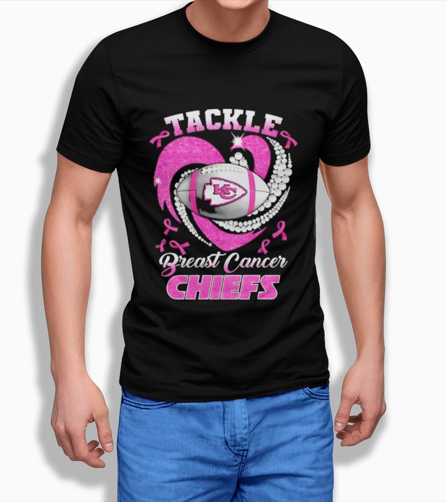 Tackle Breast Cancer Kansas City Chiefs Pink Ribbon Football Heart T-Shirt