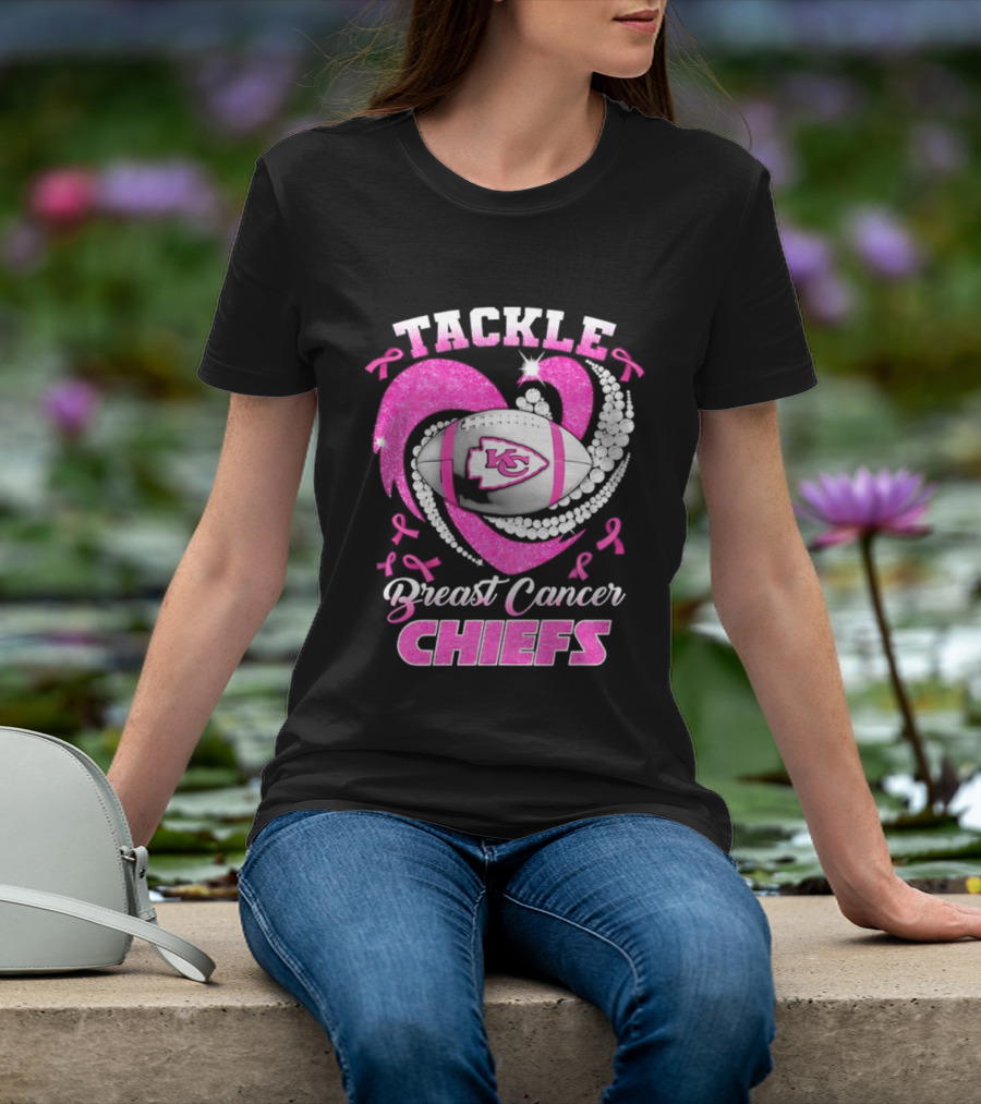 Tackle Breast Cancer Kansas City Chiefs Pink Ribbon Football Heart T-Shirt